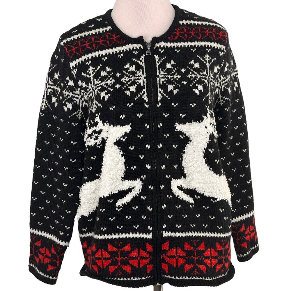J.Jill Holiday Christmas Deer Valley Reindeer Zip Up Sweater Size XS